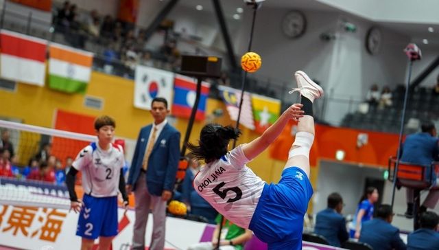 한국 세팍타크로 대표팀의 아이치·나고야 아시안게임 여자 팀 레구 경기 모습.
