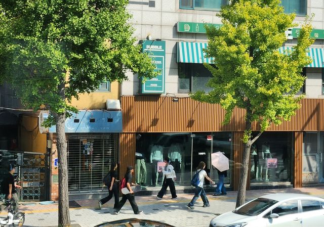 가로수 그늘 아래로 걷는 시민들