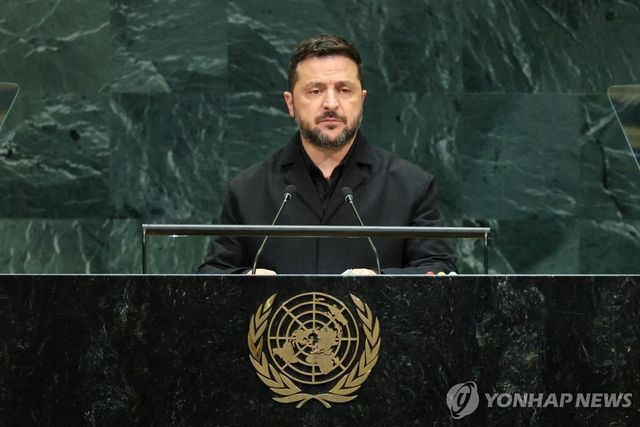 유엔총회서 연설하는 볼로디미르 젤렌스키 우크라이나 대통령