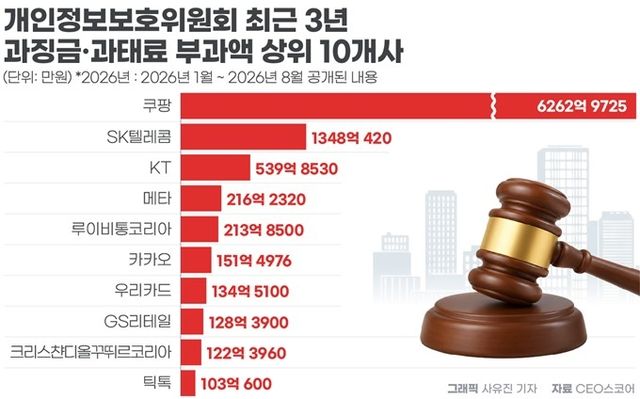 개인정보위 최근 3년 과징금·과태료 부과액 상위 10개사