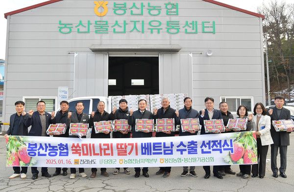 담양군은 16일 봉산농협 산지유통센터에서 첫 선적식을 열고 딸기 256kg을 베트남으로 수출했다. /사진-담양군