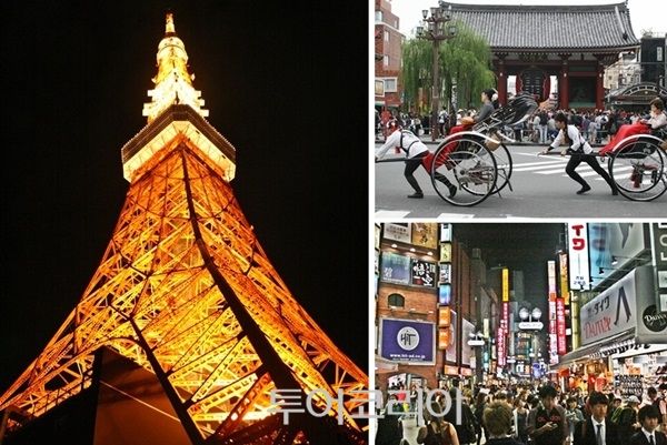 도쿄 대표 관광 명소, 도쿄타워와 아사쿠사, 시부야(시계방향으로)