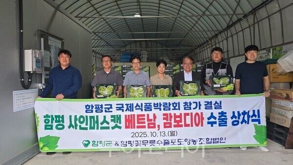 함평군은 13일 해보면 함평꽃무릇수출포도영농조합법인 농장에서 샤인머스캣 수출 상차식을 개최했다. /사진-함평군
