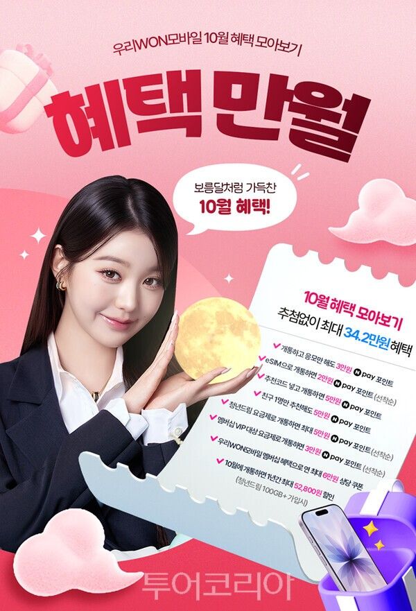 '우리WON모바일' 신규개통 고객에게 10월 한 달간 34만2천원 상당의 혜택을 제공한다. /사진-우리은행