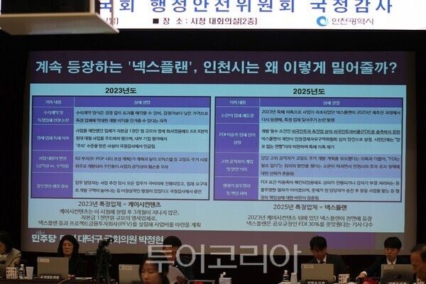 더불어민주당 박정현 의원이 20일 인천광역시청 본관 회의실에서 열린 인천광역시와 인천경찰청 국정감사에서 R2 지구 특정 업체 몰아주기 문제에 대한 질의를 하고 있다.&nbsp;2025.10.20. / 투어코리아 이창호 기자