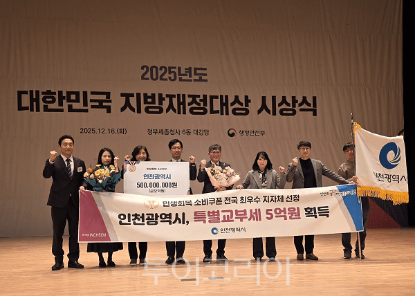 인천광역시가 행정안전부 주관의 ‘민생회복 소비쿠폰’ 우수 지자체 평가에서 최우수 지자체로 선정, 수상하고 있다.