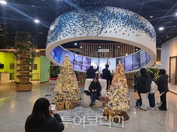 나비곤충생태관에서 관광객이 사진을 찍는 모습. /사진-함평군