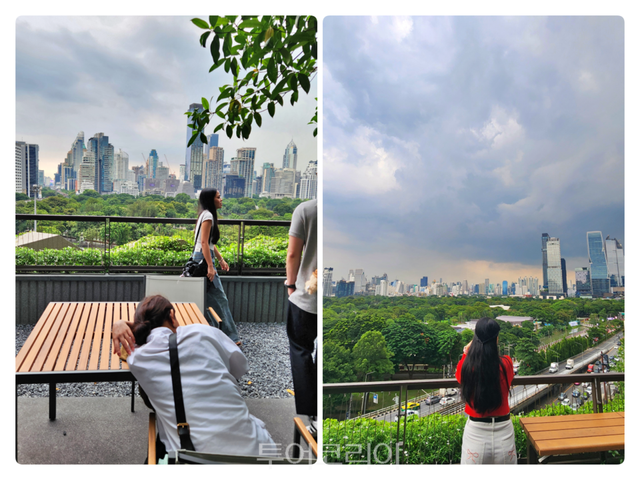 두짓 센트럴 파크 옥상 ‘루프 파크’에서 쉬고 있는 모습.(좌)&nbsp; 도시 전경을 바라보는 여행자(우)&nbsp; /사진-투어코리아