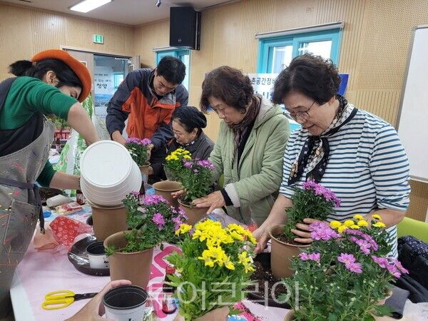 주민들이 농촌공간정비사업의 역량 강화 프로그램으로 이동형 국화화분 만들기 프로그램을 진행하고 있다. /사진-청양군