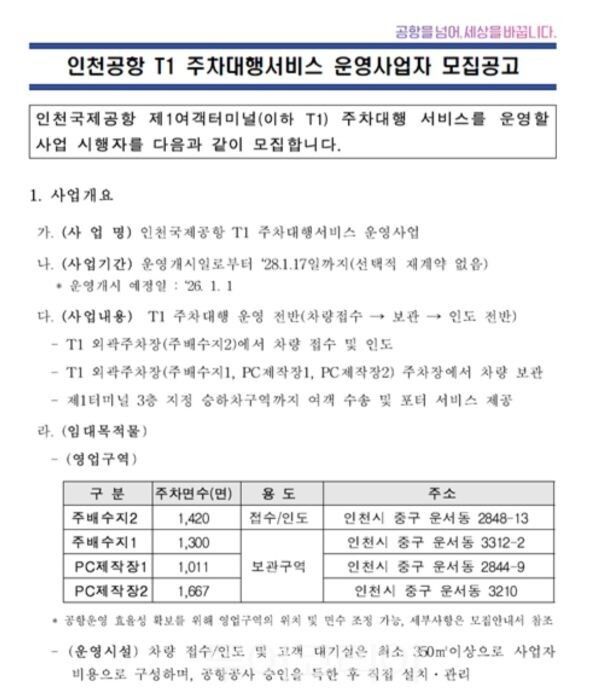 제1여객터미널 주차대행서비스 운영사업자 모집공고문/투어코리아뉴스 김경남 기자
