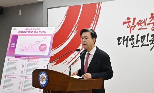 ▲충남도가 내년 정부예산 12조원 시대를 개막하며 사상 최대 기록을 다시 작성하고 있는 가운데, 김태흠 충남지사가 지난 4일 도청 프레스센터에서 기자회견을 열고 있다. /사진-충남도