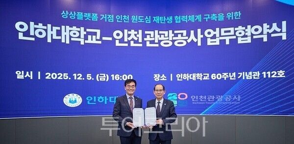 인천관광공사와 인하대학교가 지난 5일‘상상플랫폼 거점 인천 원도심 활성화 협력체계 구축’을 위한 업무협약을 체결하고 있다. (왼쪽부터) 인하대학교 조명우 총장, 인천관광공사 유지상 사장
