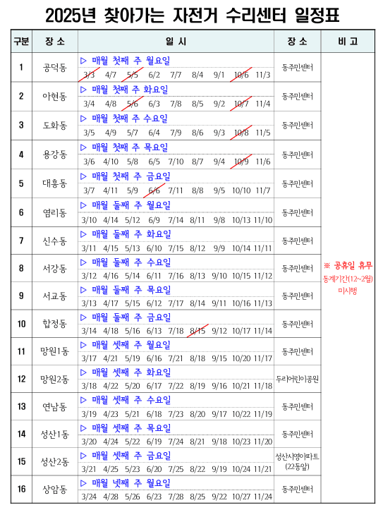 찾아가는 자전거 수리센터 일정표(사진제공=마포구청)