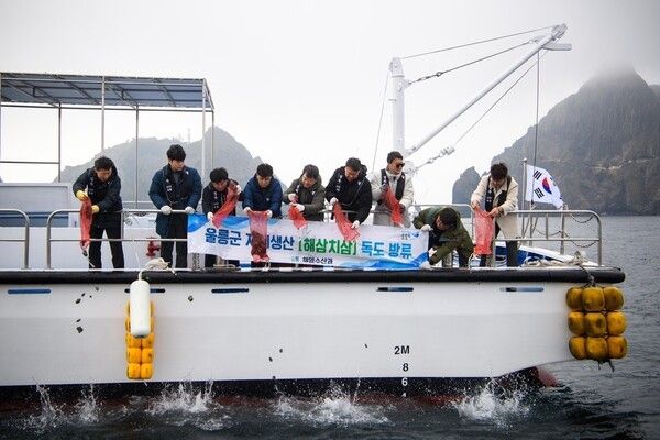 남한권(좌측 5번째) 울릉군수 어린해삼 독도마을어장 방류 모습(사진제공=울릉군청)