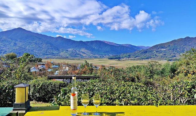 꽃다연에서는 평사리 들판을 감상하며 하동와이너리에서 빚은 대봉감와인을 맛볼 수 있다.