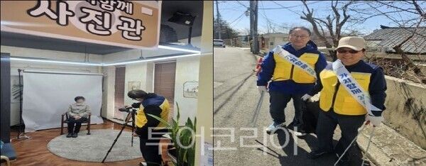 (좌)초로기 치매 환자의 사회활동 참여모습 ‘가치함께 사진관’ 치매환자‧가족, 지역주민에게 사진을 찍어주는 모습, (우)초로기 치매 환자의 사회활동 참여모습/‘가치함께 새활용단’ 정화활동(줍깅) 실천 모습