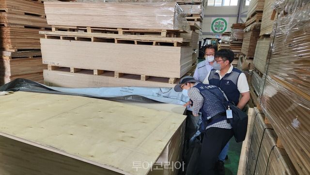 단속반이 법·불량 목재제품 품질단속을 하고 있다/사진-산림청