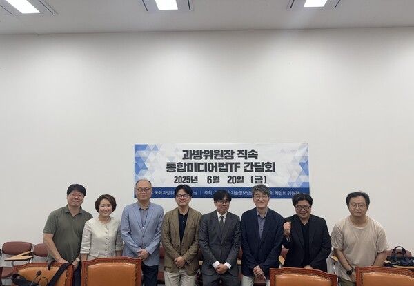 좌측부터 이아영 변호사, 이종관 법무법인 세종 수석전문위원, 이준형 전국언론노동조합 전문위원, 노창희 디지털산업정책연구소장, 이남표 경희대 교수, 권오상 디지털미래연구소 대표, 한정훈 K엔터테크허브 대표(사진제공=최민희사무실)