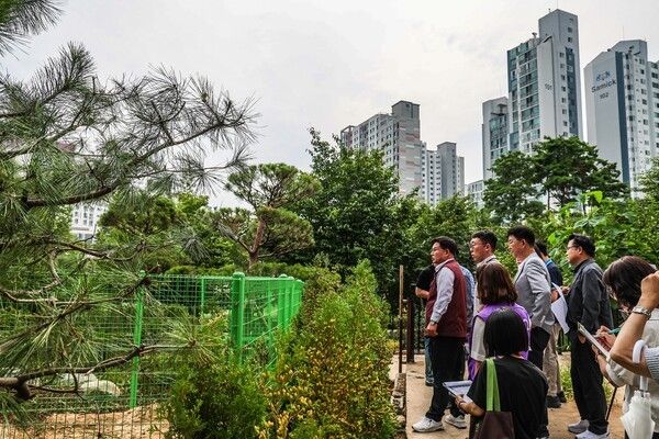 박강수 마포구청장 신촌지역 도시정비형 재개발사업지내 공원 조성 현장 전검 모습(사진제공=마포구청)