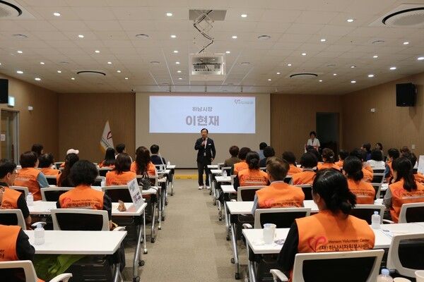 이현재 하남시장 자원봉사캠프 발대식 참석 인사말 모습(사진제공=하남시청)