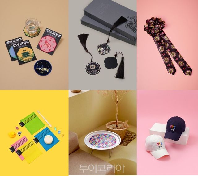 KCON LA 2025에서 조기 완판된 서울굿즈 왼쪽 상단부터 오른쪽으로 원단 코스터, 자개 책갈피, 댕기 스크런치, 때타올 세트, 소반, 볼캡/사진-서울관광재단