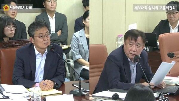 경기문 의원이 지난달 21일 교통위원회 회의실에서 여장권 교통실장에게 서울시 교통정책현안에 대해 질의하고 있다.