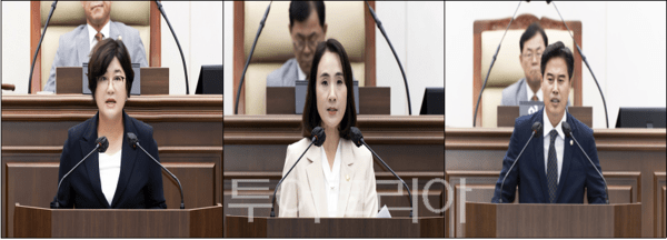 (왼쪽부터)김포시의회 김계순 의원, 정영혜 의원, 오강현 의원이 19일 열린 제261회 임시회 제2차 본회의에서 5분 자유발언을 하고 있다.