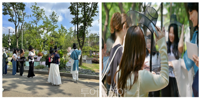 서울국제정원박람회 정원을 감상하는 여행객, 갓쓰기체험중인 모습/사진-서울시