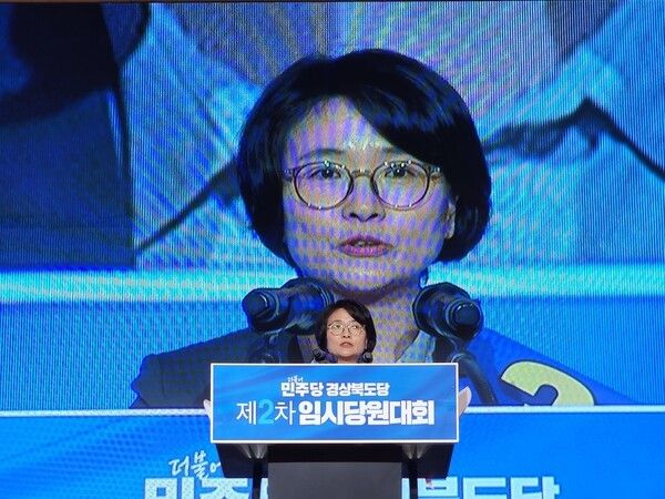 임미애 국회의원이 민주당 경북도당 위원장직 수락연설을 하고 있다./사진-민주당 경북도당