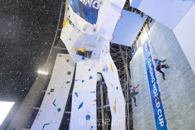 눈이 많이 내리는 날, 빙벽을 오르는 선수들(스피드)./제공= 대한산악연맹&nbsp;