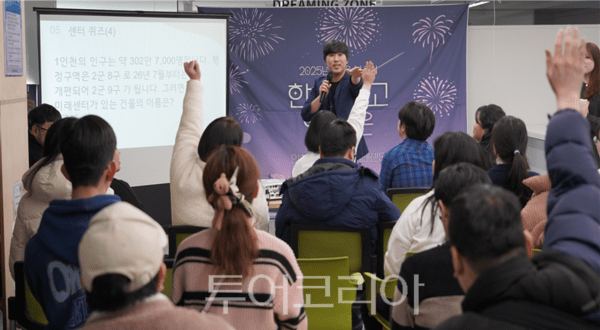 (사진 오른쪽) 인천시청년미래센터가 지난해 말 마련한 송년모임에서 고립은둔청년들이 퀴즈 프로그램에 참여하고 있다.