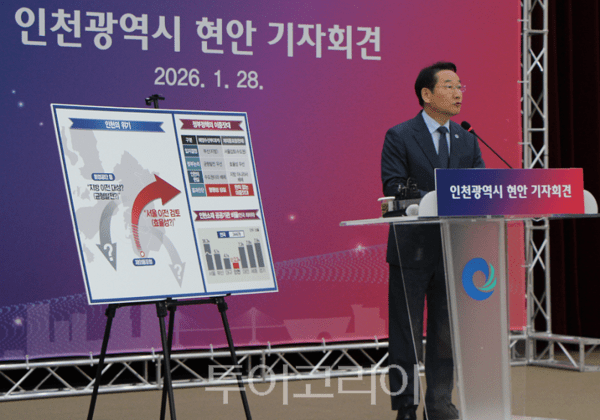 유정복인천시장이 28일 오전 시청 대회의실에서 기자회견을 열고 재외동포청 이전 논란, 공공기관 타 지역 이전, 수도권매립지관리공사 관할권 이관 등 주요 시정 현안에 대한 입장을 밝히고 있다.