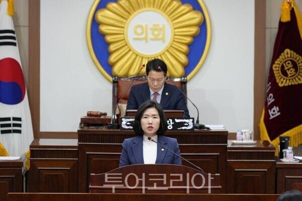 손세화 의원이 제190회 임시회 제7차 본회의에서 5분 자유발언을 하고 있다/투어코리아뉴스 정명달 기자