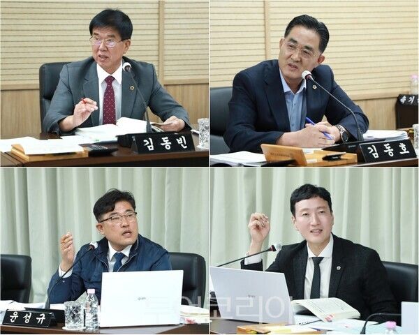 ▲(上)왼쪽부터 시계방향. 행감 질의 중인 김동빈(부강면‧금남면‧대평동, 국민의힘)·김동호(집현동, 더불어민주당)·김창연(반곡동, 더불어민주당)·윤성규(조치원읍, 더불어민주당) 세종시의원 모습. /사진-세종시의회(편집 류석만 기자)