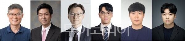 UNIST에너지화학공학과는 고려대학교와 함께 철 원자와 루테늄 입자가 수소 생산에 필요한 반응을 나눠 맡는 분업형 수전해 촉매를 개발했다고 21일 밝혔다. (좌측부터)UNIST 백종범 교수, 고려대 곽상규 교수, UNIST 권영국 교수, UNIST 백재훈 연구원, 권성현 연구원, 차순관 연구원./사진-유니스트