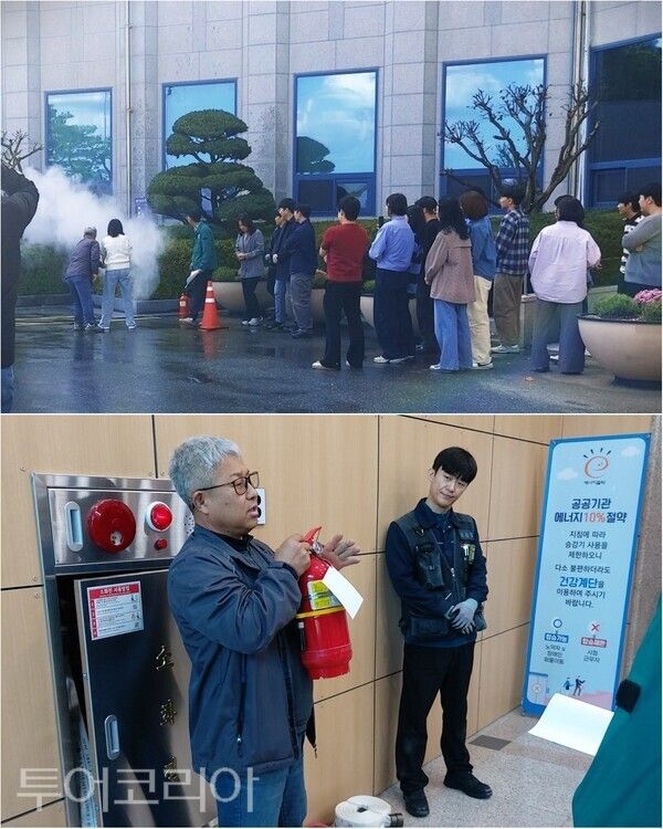 ▲(上)지난 21일 계룡시청사 광장에서 직원들을 대상으로 펼쳐진 화재 대응 및 소방시설 작동 훈련, (下)소화기 사용법과 초기 화재 대응 요령 교육 모습. /사진-계룡시(편집 류석만 기자)