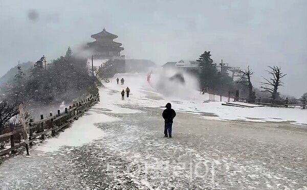 봄기운이 감도는 2월 말, 다시 하얗게 뒤덮인 덕유산 설천봉 전경&nbsp;&nbsp;
