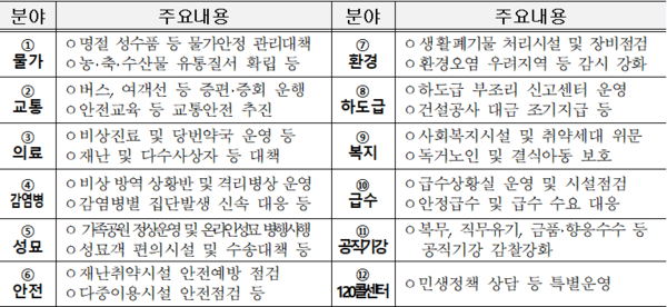 12개 분야별 설 연휴 추진 대책