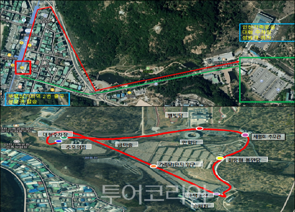 (위)외부 운행 노선 인천지하철 부평 삼거리역 2번 출구 ⇔ 인천가족공원 대형 주차장, (아래)내부 운행 노선 ●대형주차장 ⇒ ●별빛당·만월당 ⇒●세월호추모관⇒●회랑형봉안담 ⇒ ●승화원(유택동산) ⇒ ●가족묘1단지 입구 ⇒ ●대형주차장