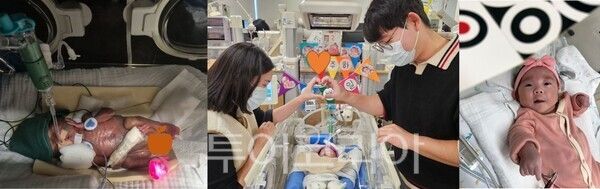 이른둥이 주하의 성장사진. (왼쪽부터) 지난해 9월 태어난 지 3일째, 지난해 12월 병실에서 맞은 백일사진, 올해 3월 퇴원 5일 전