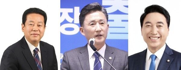 ▲왼쪽부터 남상균 KTX신관동역 유치 추진위원장, 임달희 공주시장 예비후보, 박수현 국회의원.