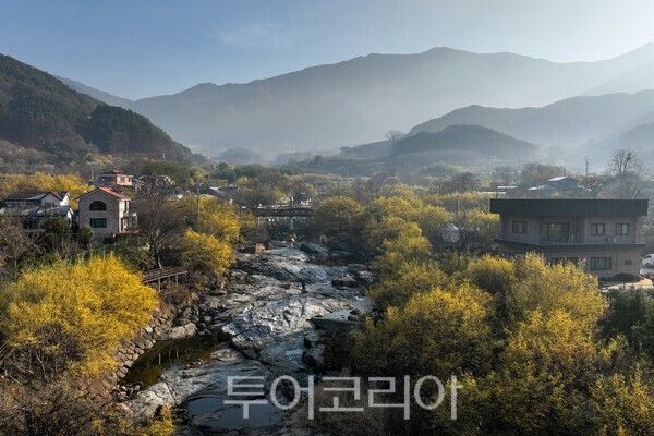 하늘에서 바라본 구례산동 산수유 마을 전경 / 사진_투어코리아 유지훈 기자