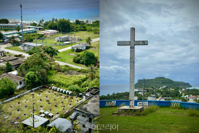 송송빌리지 일대의 투계장이 내려다보이고(왼쪽), 전망대에는 마을의 신앙을 상징하는 십자가가 세워져 있다(오른쪽)./ 사진- 박은하 기자