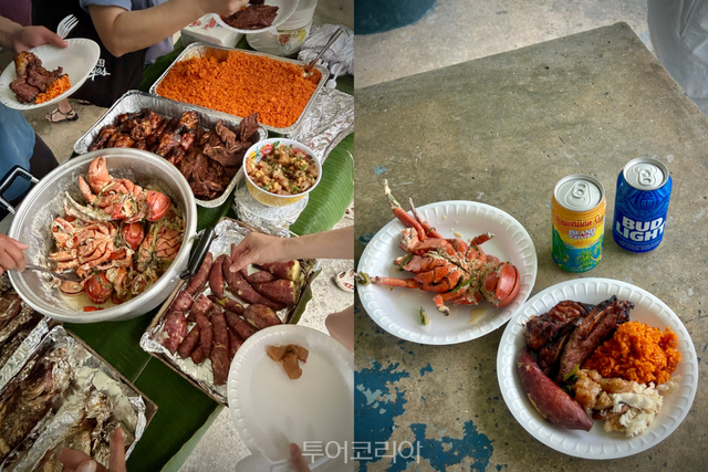차모로 바베큐가 차려진 식탁과 코코넛크랩 요리(왼쪽), 한 접시에 담긴 로타식 식사(오른쪽)./ 사진- 박은하 기자