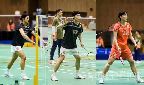 ▲왼쪽부터 '애터미 헤모힘' 로고가 부착된 유니폼을 입고 훈련 중인 안세영(세계랭킹 1위)·서승재(세계랭킹 1위)·이소희(세계랭킹 4위) 선수들 모습. /사진-애터미