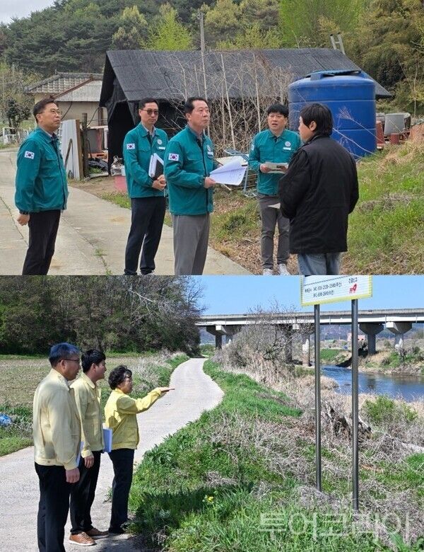 ▲(上) 장진원 보령시 부시장을 비롯한 관계자들이 여름철 자연재난을 대비해 인명피해 우려지역에 대한 현장 점검을 하고 있다. (下) 홍은아 부여군수 권한대행과 직원들이 인명피해 우려지역에 대한 현장 점검 모습. /사진-보령시·부여군(편집 류석만 기자)