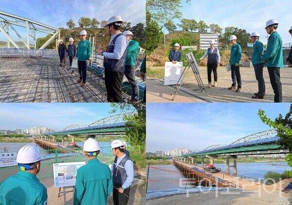 ▲송무경 공주시장 권한대행을 비롯한 관계자들이 지난 21일 금성동 일원 제2금강교 건설현장을 찾아 공사 진행 상황과 주요 현안을 점검하고, 향후 일정과 안전관리 대책을 집중적으로 살펴보고 있다. /사진-공주시(편집 류석만 기자)