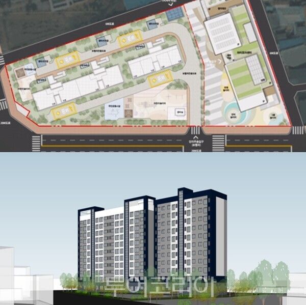 ▲금산군 금산읍 상옥리 366-1번지 일원에 추진 중인 ‘신혼청년 공공임대주택 조성사업’ 배치도 및 조감도. 사진-금산군(편집 류석만 기자)