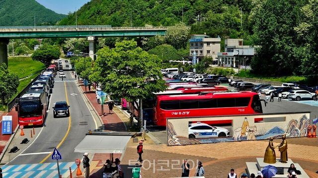 청령포 주자장과 도로가 관광객들이 타고 온 차량들로 꽉들어찼다./사진=유경훈 기자