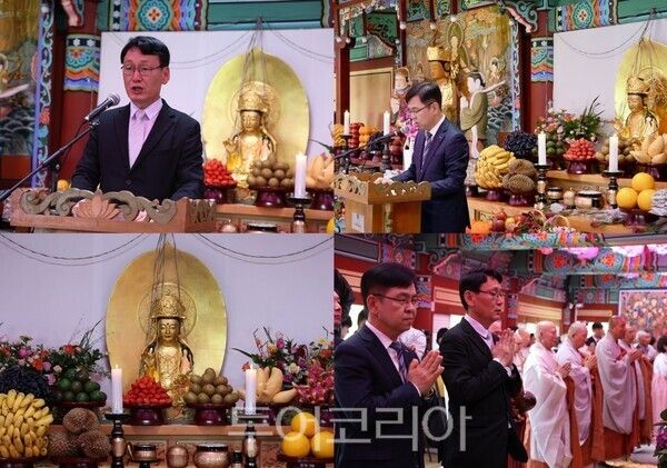 ▲(上) 왼쪽부터 시계방향. 홍종완 충남도지사 권한대행과 신필승 서산시장 권한대행 축사 및 기도 모습, 복원된 부석사 금동관음보살좌상. /사진-충남도